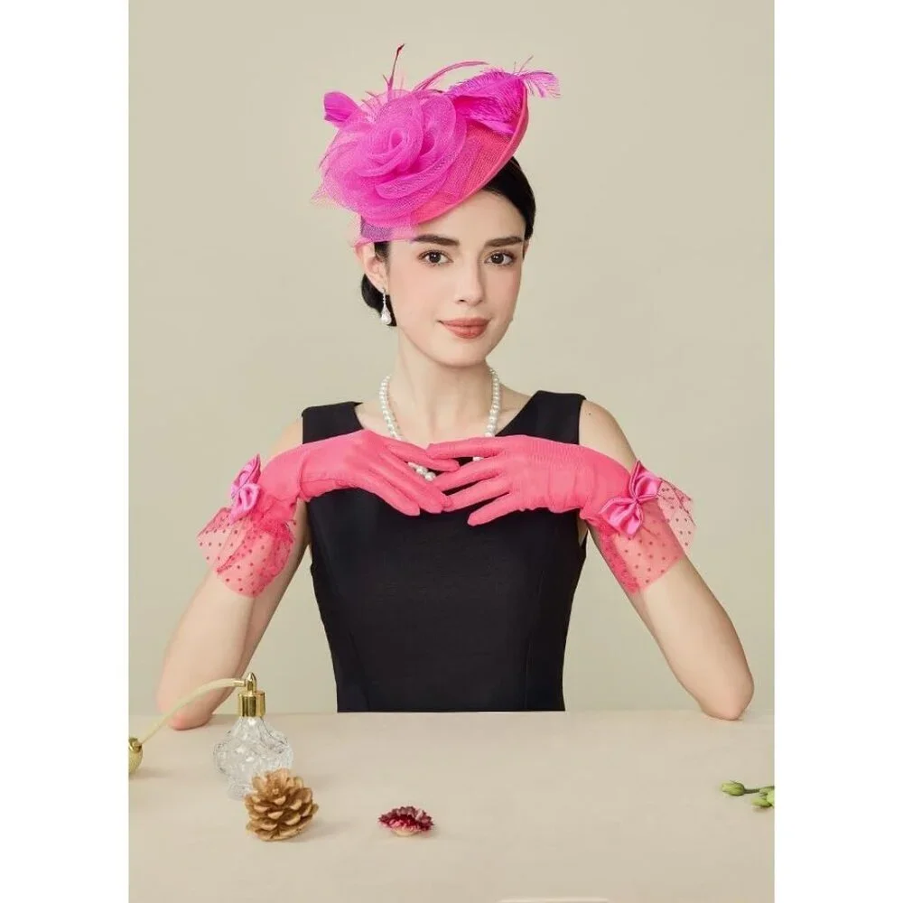 Women's Bow Gloves Rose Red Short Lace Evening Wedding Accessories Party Prom